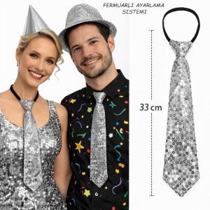 Silver Color Sequined Sparkling Party Tie 33 cm