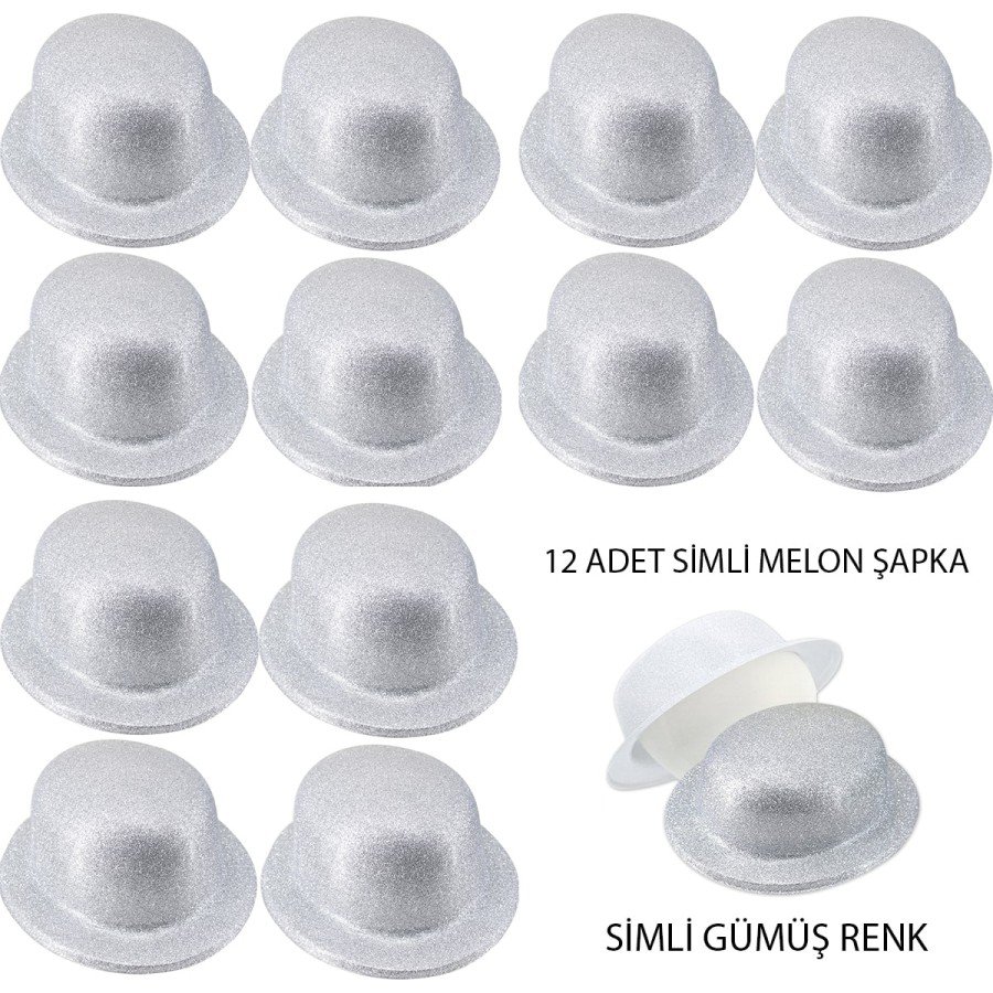 Silver Color Silvery Bowler Round Party Hat 12 Pieces