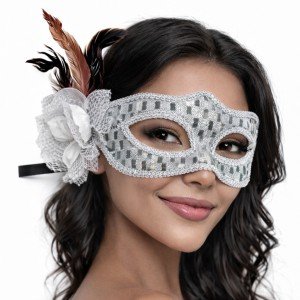 Silver Color Feathered Prom Mask Women's Party Accessory