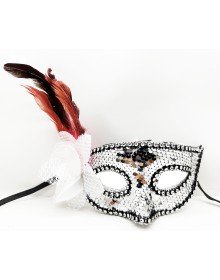 Silver Color Side Feather Rose and Silver Stone Sequin Mask 20x22 cm