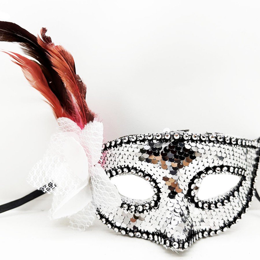 Silver Color Side Feather Rose and Silver Stone Sequin Mask 20x22 cm