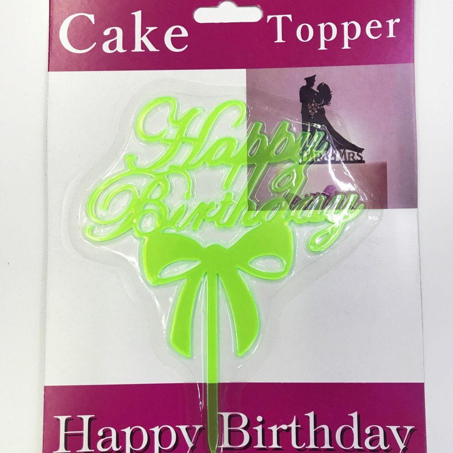 Happy Birthday Written Bow Cake Cake Stick Green Color