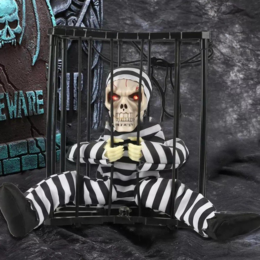Prisoner Looking Skull Skeleton Decoration with Animated Sound Sensor 22x27 cm