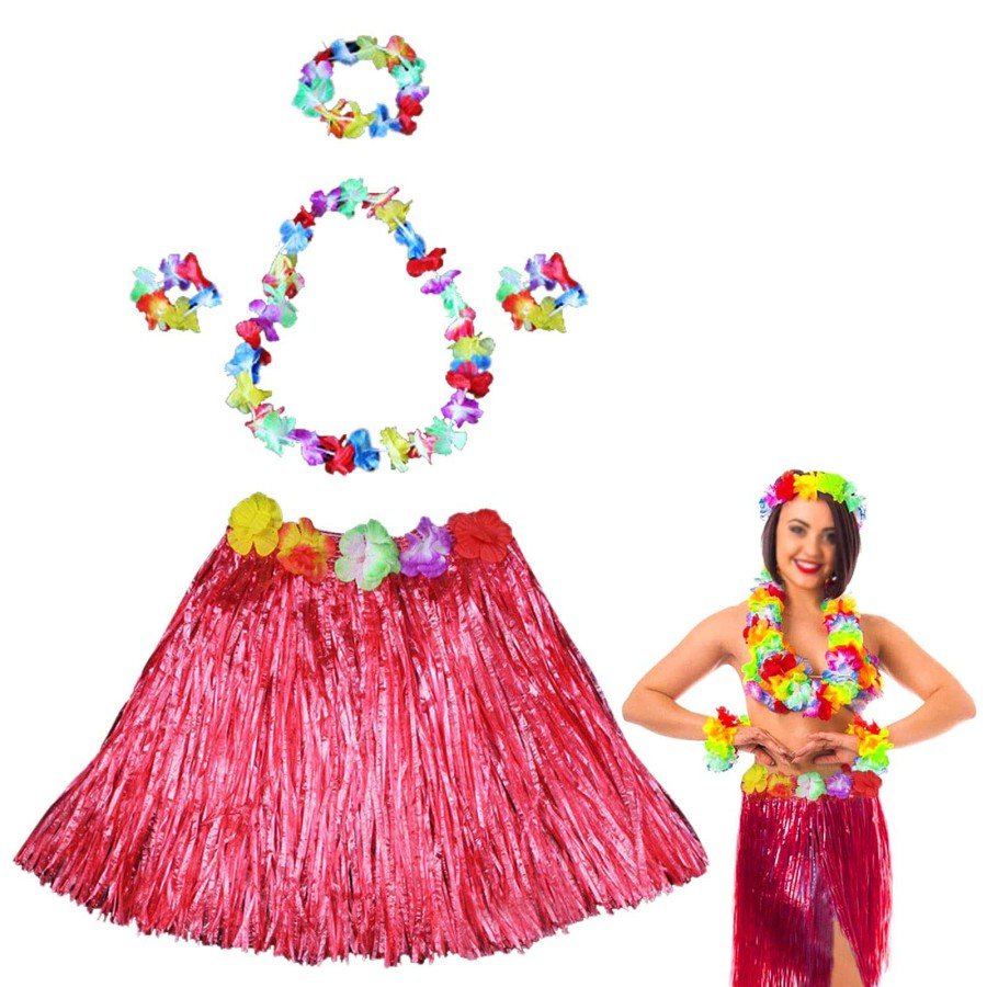 Hawaiian Dance Costume – Red Hula Skirt & Flower Necklace Set