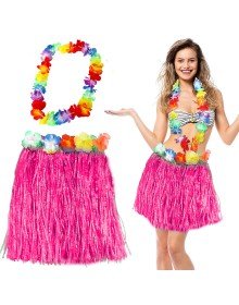 Hawaiian Luau Aloha Pink Tasseled 40 cm Skirt and Hawaiian Necklace Set