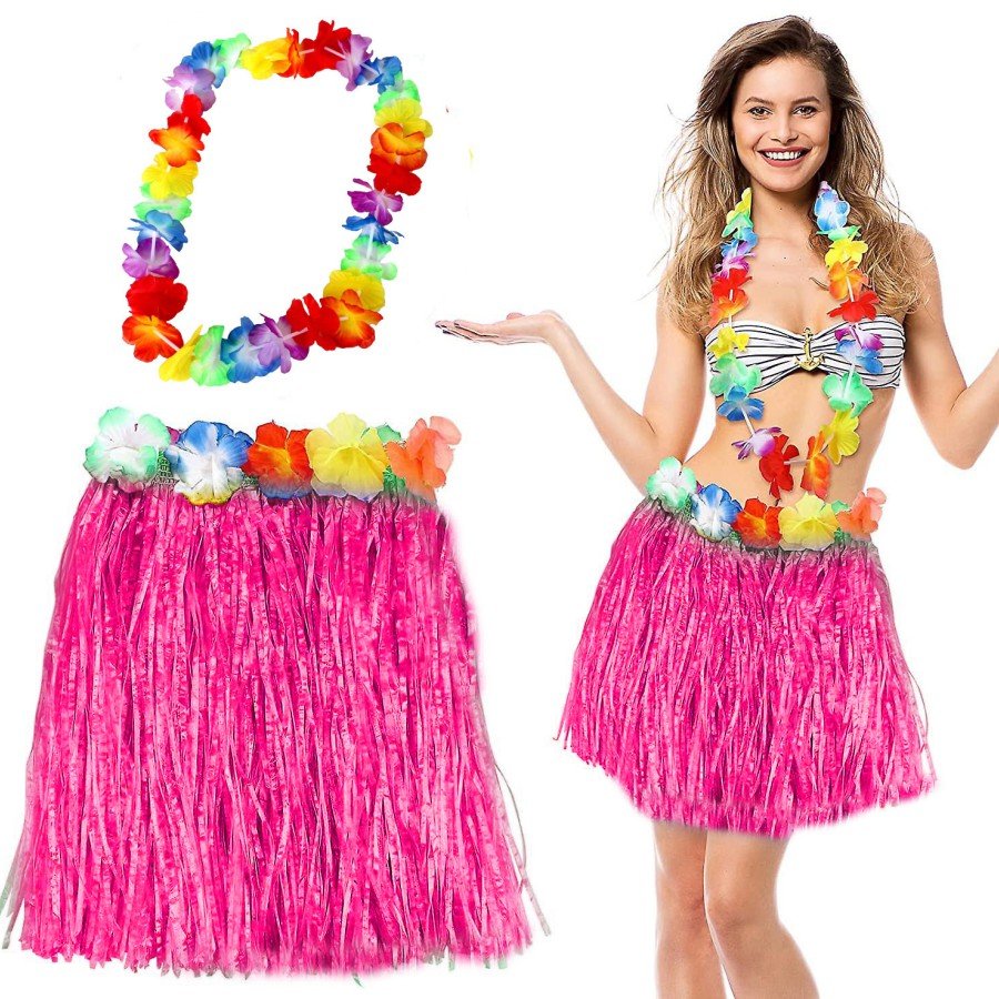 Hawaiian Luau Aloha Pink Tasseled 40 cm Skirt and Hawaiian Necklace Set