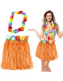 Hawaii Luau Aloha Orange Tasseled 40 cm Skirt and Hawaiian Necklace Set