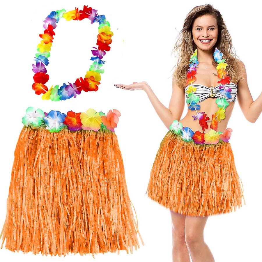 Hawaiian Luau Aloha Orange Tasseled 40 cm Skirt and Hawaiian Necklace Set
