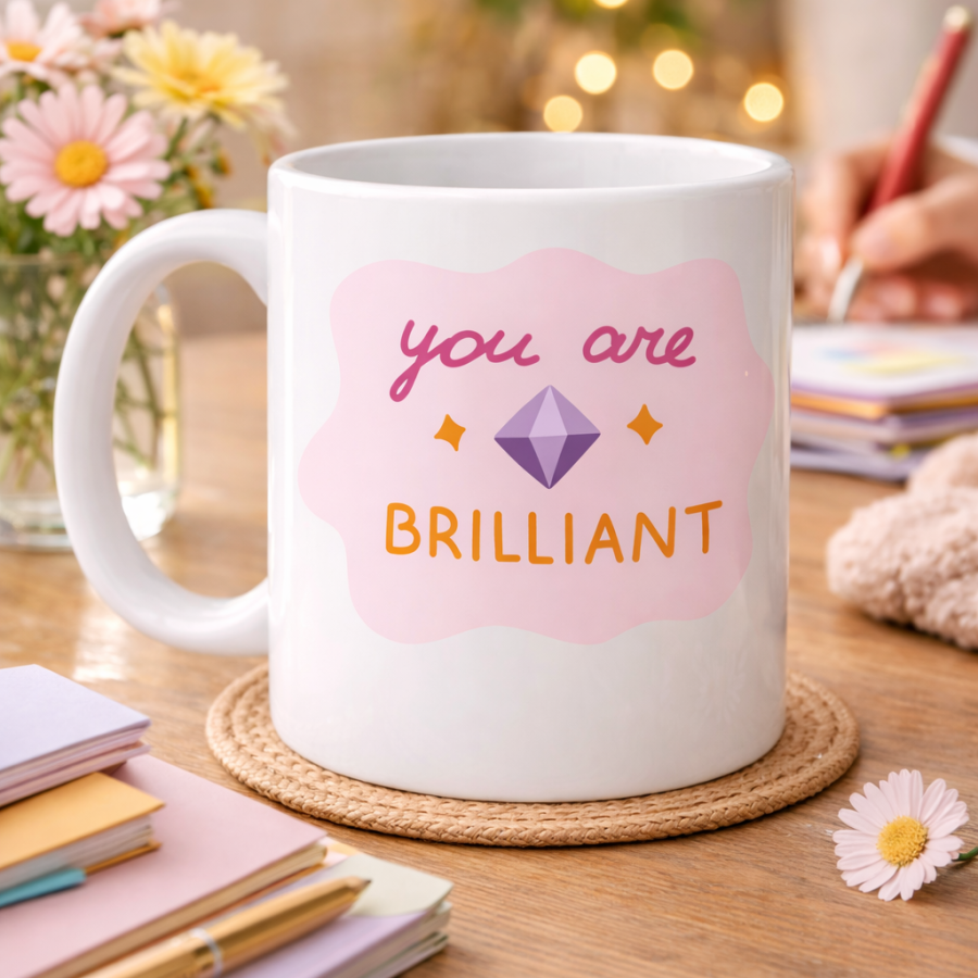 You Are Brilliant Porcelain Mug with  YOU ARE WONDERFUL  Written on it MODEL 149 – Motivational Cup – Morale Boosting Coffee Cup – Meaningful Gift Idea