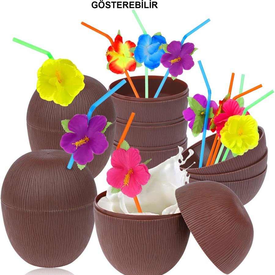 Coconut Hawaiian Luau Aloha Beverage Container Glass with Straw 10x13 cm 1 Piece