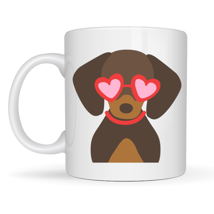 Cute Dachshund (Sausage Dog) Patterned Porcelain Mug Model 47 – Gift Cup with Dog Figure with Heart Glasses