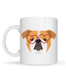 English Bulldog Designed Porcelain Mug with Heart Glasses Model 52 – Cute Dog Patterned Coffee & Tea Cup