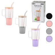 GLASS 1LT BOTTLE DRINKER BAMBOO COVER LEAKPROOF SILICONE STEEL DIPPETTLE PROTECTIVE SILICONE BASE AND CASE
