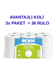 Professional Mini Jumbo Toilet Paper 36 Rolls | 2 Storey | 100% Cellulose | Industrial & Home Use 3X12ROLL