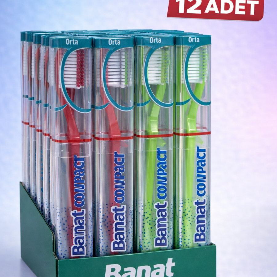 Banat Compact Boxed Toothbrush 12 Pieces Economical Package with Medium Hard Stand