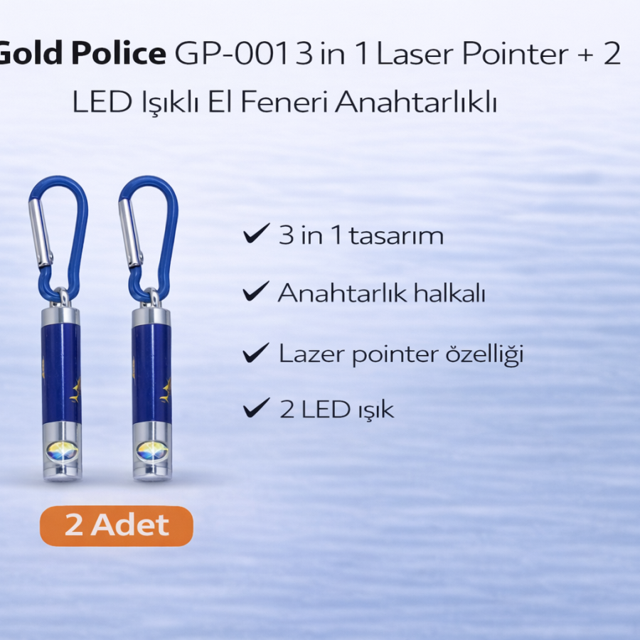 Gold Police GP-001 3 in 1 Laser Pointer + 2 LED Light Flashlight with Keychain 2 Pieces