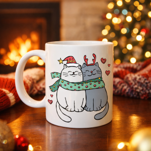 Christmas Themed Porcelain Mug with Cute Cat Figure MODEL 75 – Cats in Love Pattern, Cozy Design, Coffee & Tea Cup