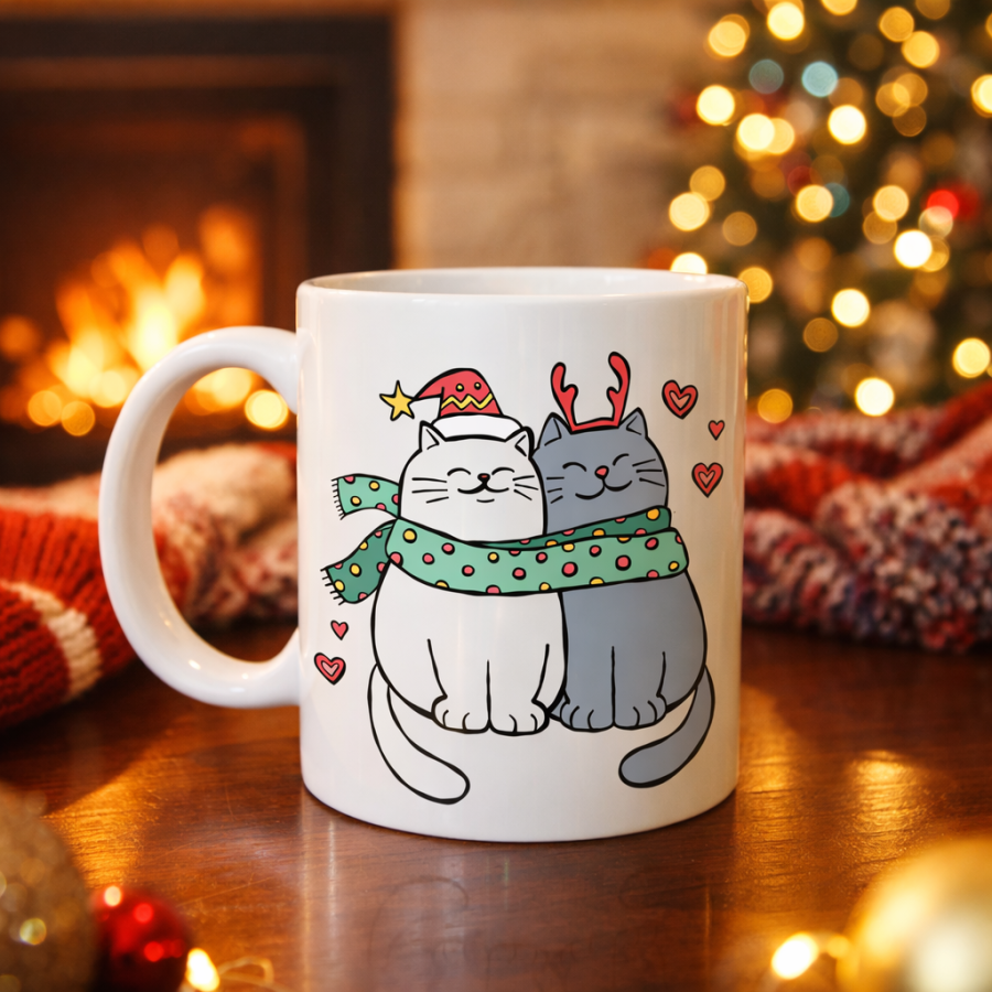 Christmas Themed Porcelain Mug with Cute Cat Figure MODEL 75 – Cats in Love Pattern, Cozy Design, Coffee & Tea Cup Christmas Themed Porcelain Mug with Cute Cat Figure MODEL 75 – Cats in Love Pattern, Cozy Design, Coffee & Tea Cup