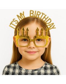 It's My Birthday Written Crown and Candle Shaped Glasses Set Gold Color