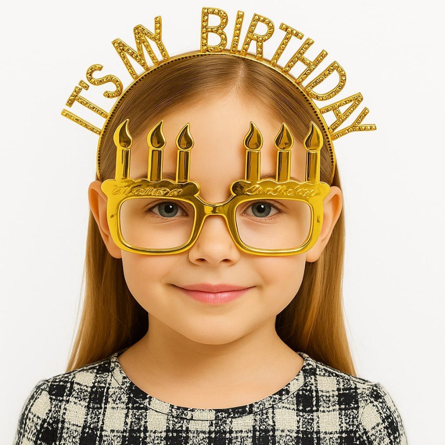 It s My Birthday Written Crown and Candle Shaped Glasses Set Gold Color