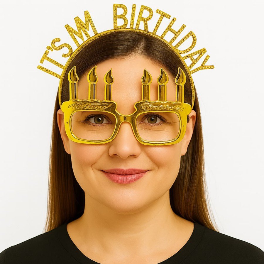 It s My Birthday Written Crown and Candle Shaped Glasses Set Gold Color