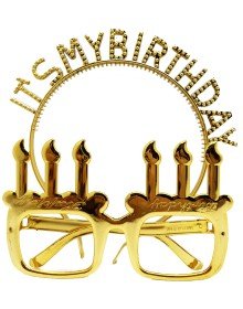 It's My Birthday Written Crown and Candle Shaped Glasses Set Gold Color