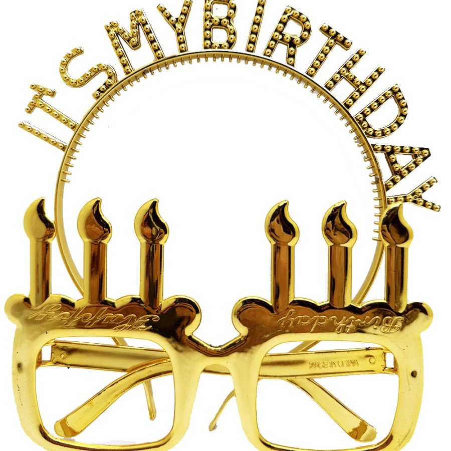 It s My Birthday Written Crown and Candle Shaped Glasses Set Gold Color