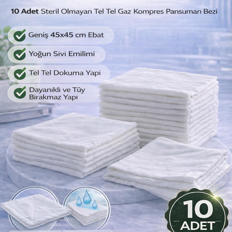 Abdominal Compress 45x45 cm 8 Layers 10 Pieces Wire Wire Gas Compress Non-Sterile Dressing Cloths