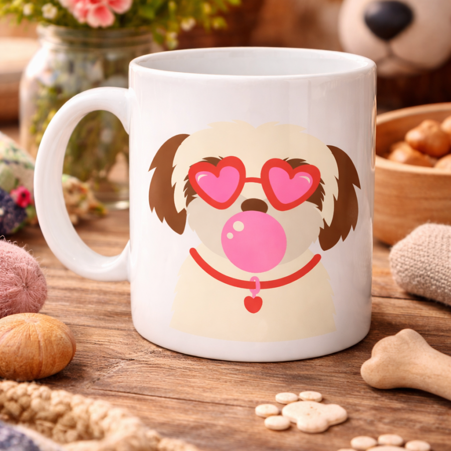 Shih Tzu Designed Porcelain Mug with Heart and Glasses MODEL 53 – Coffee & Tea Cup with Cute Dog Figure