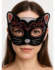 Velvet Textured Glitter Detailed Sparkly Cat Mask Red Silver 20x13 cm