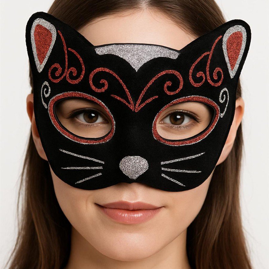 Velvet Textured Glitter Detailed Sparkly Cat Mask Red Silver 20x13 cm Velvet Textured Glitter Detailed Sparkly Cat Mask Red Silver 20x13 cm