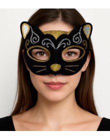 Velvet Textured Glitter Detailed Sparkly Cat Mask Gold Silver 20x13 cm