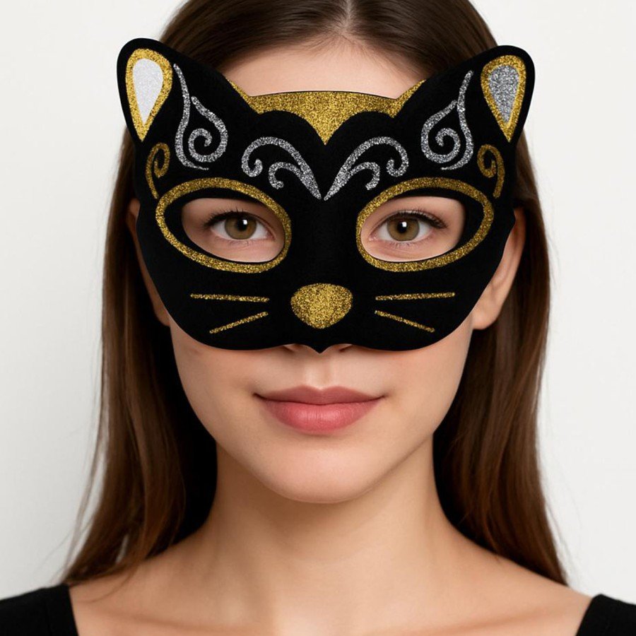 Velvet Textured Glitter Detailed Sparkly Cat Mask Gold Silver 20x13 cm