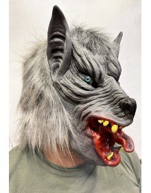 Latex Blue-Eyed Wolf Mask with Tongue Out, Fits Fully on Head