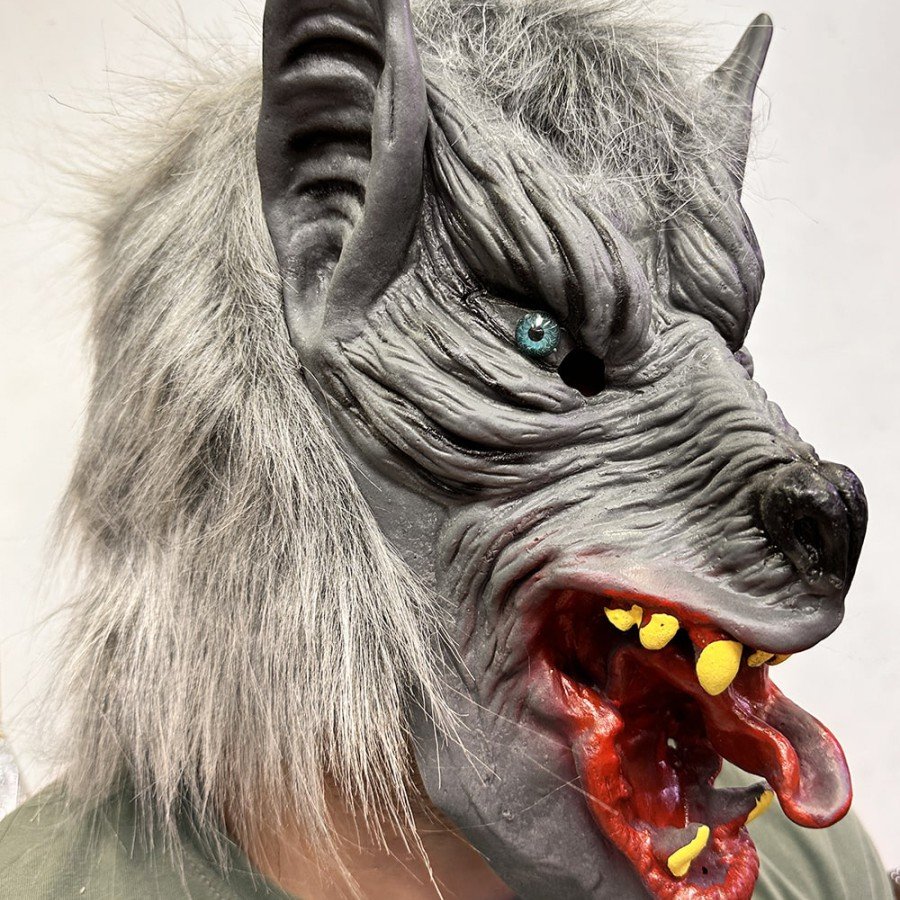 Latex Blue-Eyed Wolf Mask with Tongue Out