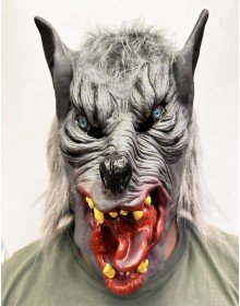 Latex Blue-Eyed Wolf Mask with Tongue Out, Fits Fully on Head