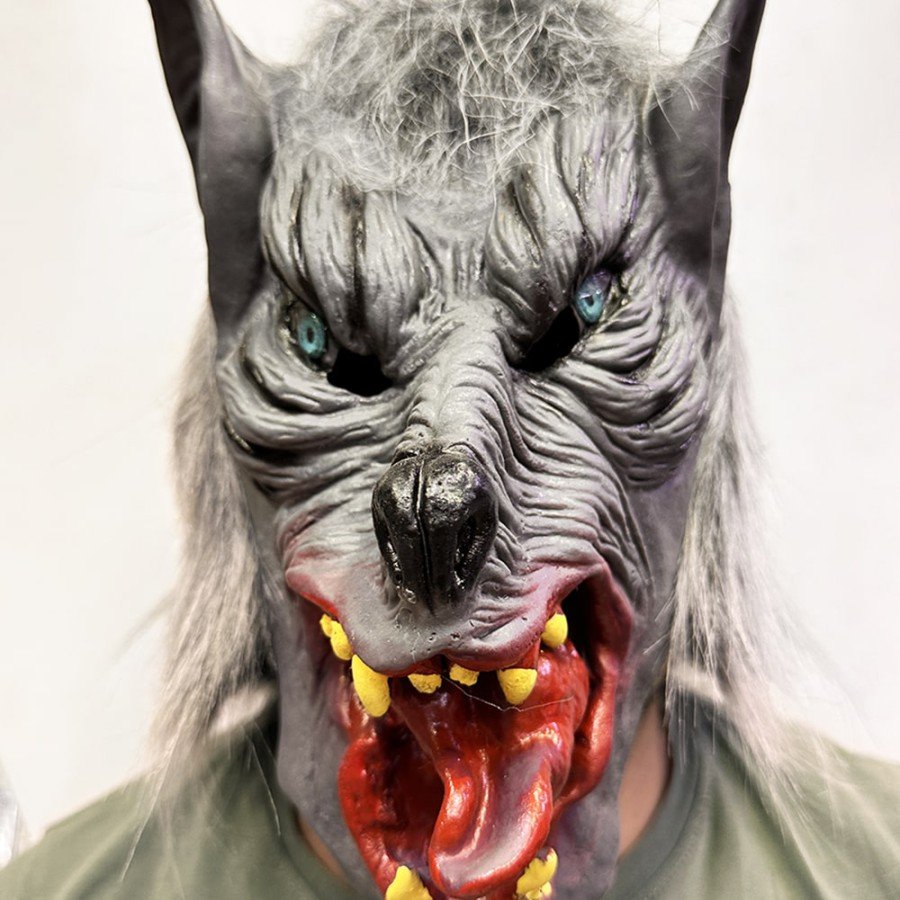 Latex Blue-Eyed Wolf Mask with Tongue Out