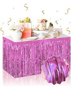 Self-Adhesive Pink Metalized Tassel Table Skirt – 75 x 275 cm Party Decoration