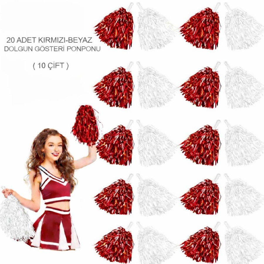 Red and White Metallic Plump Performance Pompom 20 Pieces (10 Pairs)