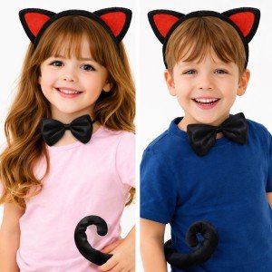 Red Eared Cat Costume Set – Crown Bow Tie Tail 3 Pieces Red Eared Cat Costume Set – Crown Bow Tie Tail 3 Pieces