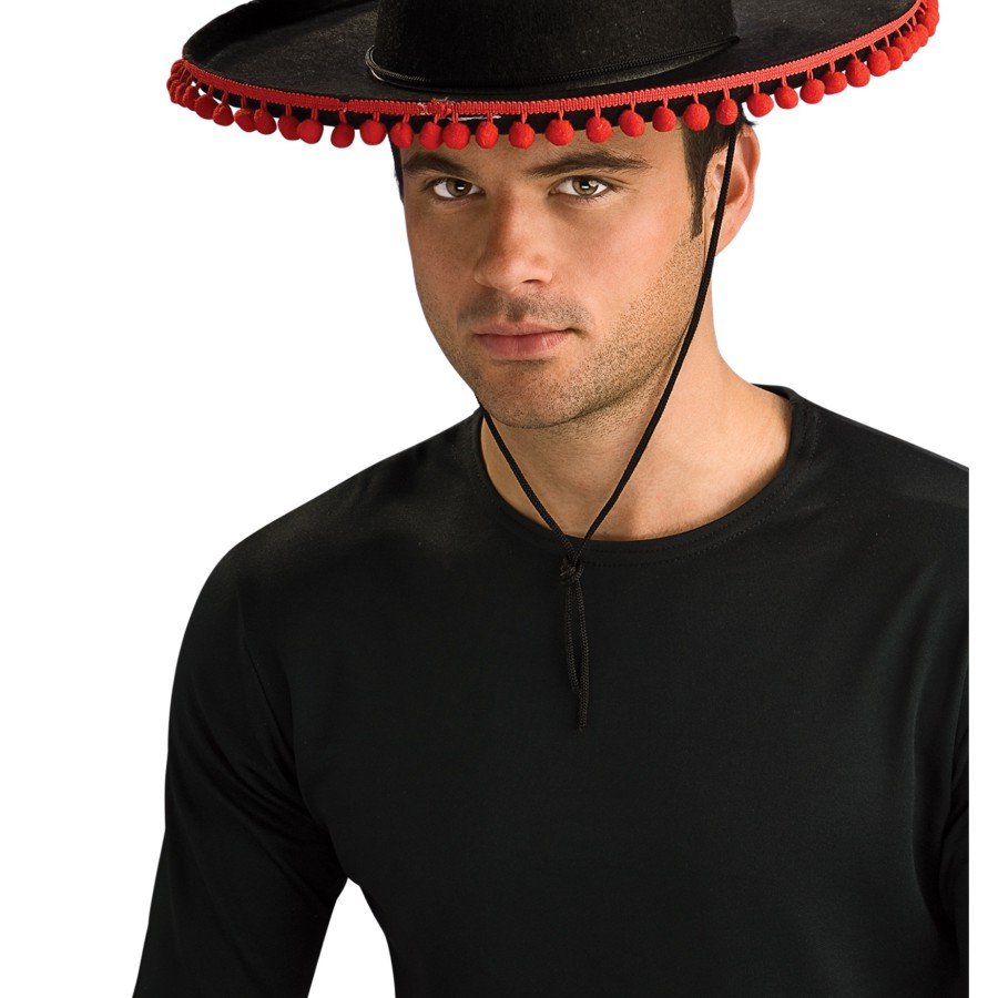 Black Color Adult Spanish Hat with Red Pompom Black Color Adult Spanish Hat with Red Pompom