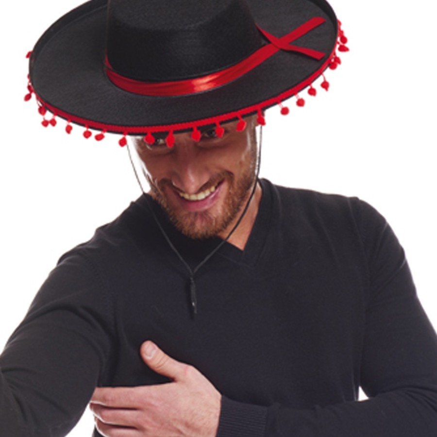Black Color Adult Spanish Hat with Red Pompom Black Color Adult Spanish Hat with Red Pompom