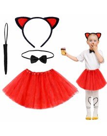 Red Color Skirt Cat Costume Set (Tutu, Crown, Bow Tie, Tail)