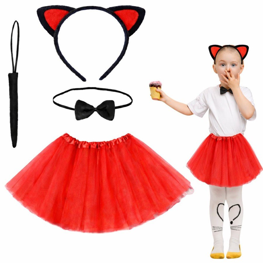 Red Color Skirt Cat Costume Set (Tutu, Crown, Bow Tie, Tail)