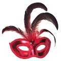 Red Color Patent Leather Coated Party Mask with Red Feathers 18x20 cm