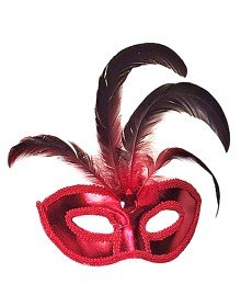 Red Color Patent Leather Coated Red Feather Party Mask 18x20 cm