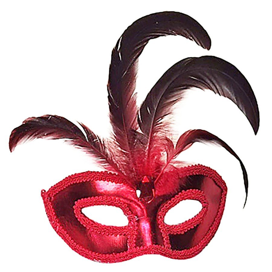 Red Color Patent Leather Coated Party Mask with Red Feathers 18x20 cm