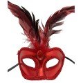 Red Color Patent Leather Coated Party Mask with Red Feathers 18x20 cm