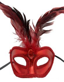 Red Color Patent Leather Coated Red Feather Party Mask 18x20 cm