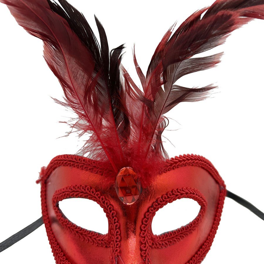 Red Color Patent Leather Coated Party Mask with Red Feathers 18x20 cm